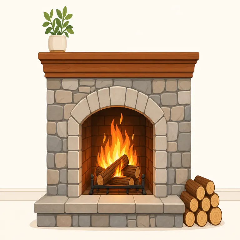 fireplace（暖炉・名詞）の覚え方イラスト — fireplace は fire「火」+ place「場所」からできた語で、家や建物の中に備え付けられた火をたく設備、つまり「暖炉」を指します