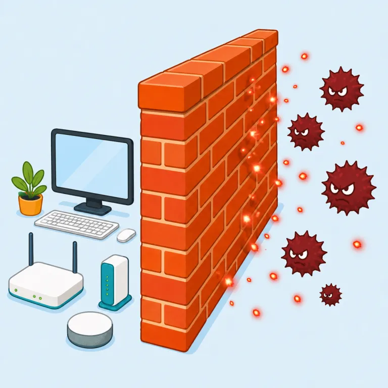 firewall（ファイアウォール・名詞）の覚え方イラスト — fire（火）＋wall（壁）が原義で、建物内の延焼を防ぐ「防火壁」のイメージが核
