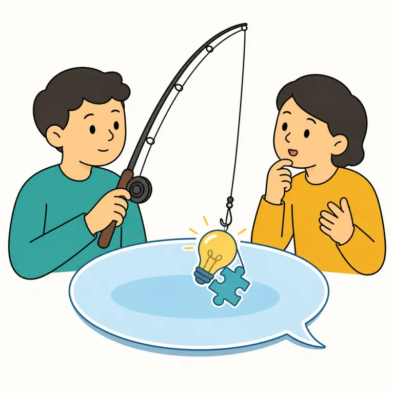 fish for（探りを入れる・句動詞）の覚え方イラスト — この意味では、相手の中にある情報・反応・褒め言葉などを、直接頼まずに少しずつ引き出そうとする感じを覚える