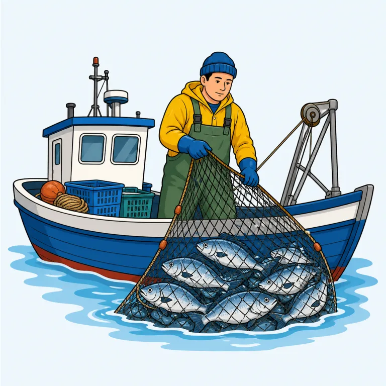 fishing（釣り・名詞）の覚え方イラスト — この語は fish「魚」からできた動作名詞ですが、覚える時は「魚」よりも、糸を垂らしてあたりを待つ場面を中心に置くと定着します