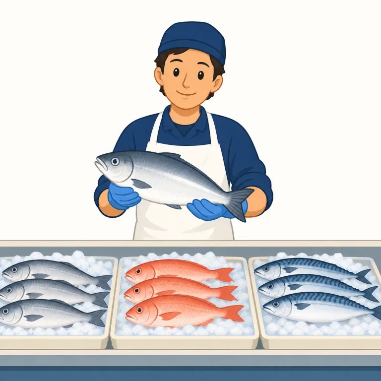 fishmonger（魚屋・名詞）の覚え方イラスト — fishmonger は fish「魚」＋ monger「特定の商品を売る人」という作りです