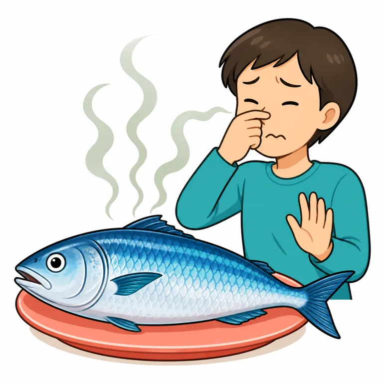 fishy（魚くさい、生臭い・adjective）の覚え方イラスト