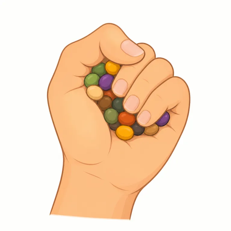 fistful（一握り・名詞）の覚え方イラスト — fistful は fist「握りこぶし」+ -ful「〜一杯」で、そのまま『こぶし一杯分』