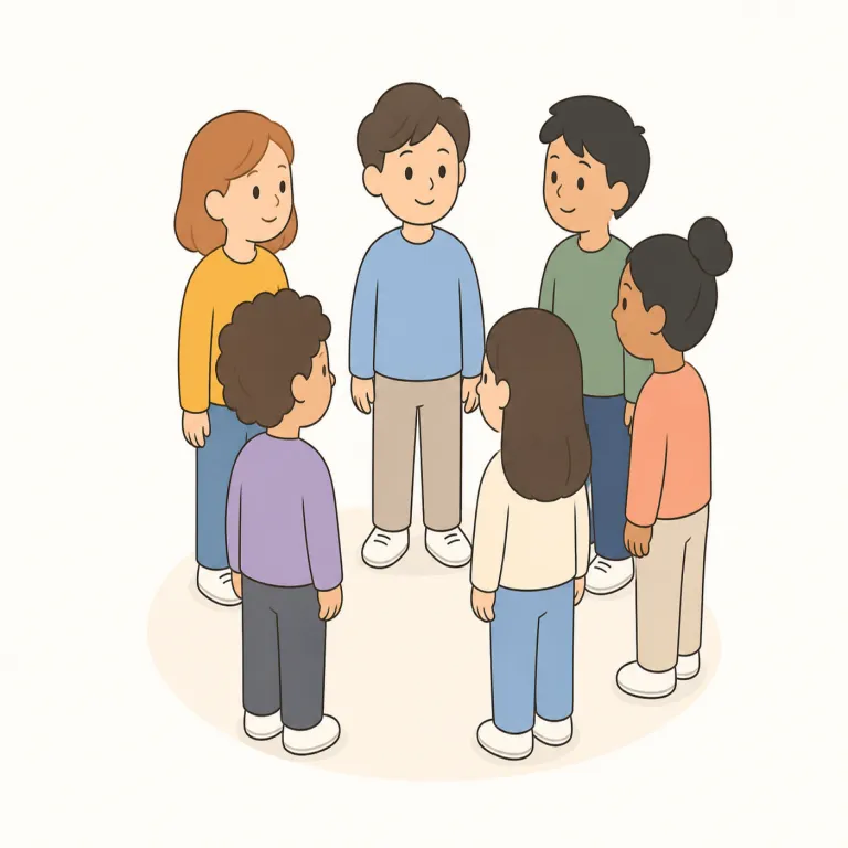 fit in（溶け込む・句動詞）の覚え方イラスト — fit in はここでは、物が箱や予定に「収まる、入る」という基本義ではなく、人や考え、デザインが周囲の中で浮かずになじむ意味