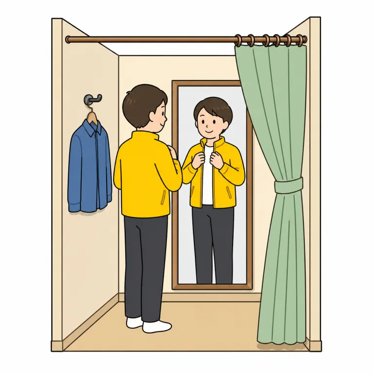 fitting room（試着室・noun）の覚え方イラスト