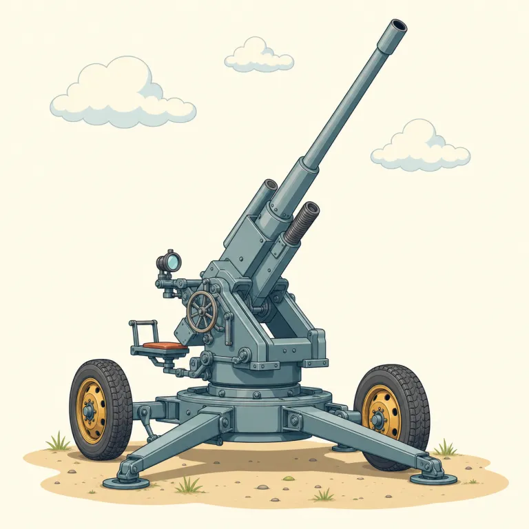 flak（高射砲・名詞）の覚え方イラスト — flak はドイツ語の Fliegerabwehrkanone（航空機防御砲）を短くした語で、戦時の「高射砲」やその砲火を指す
