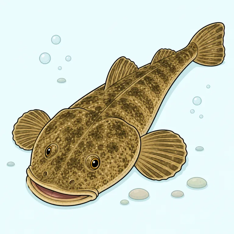 flathead（コチ・名詞）の覚え方イラスト — flat と head はどちらも基本語なので、まず「平たい頭」という見た目をそのまま固定すると覚えやすいです