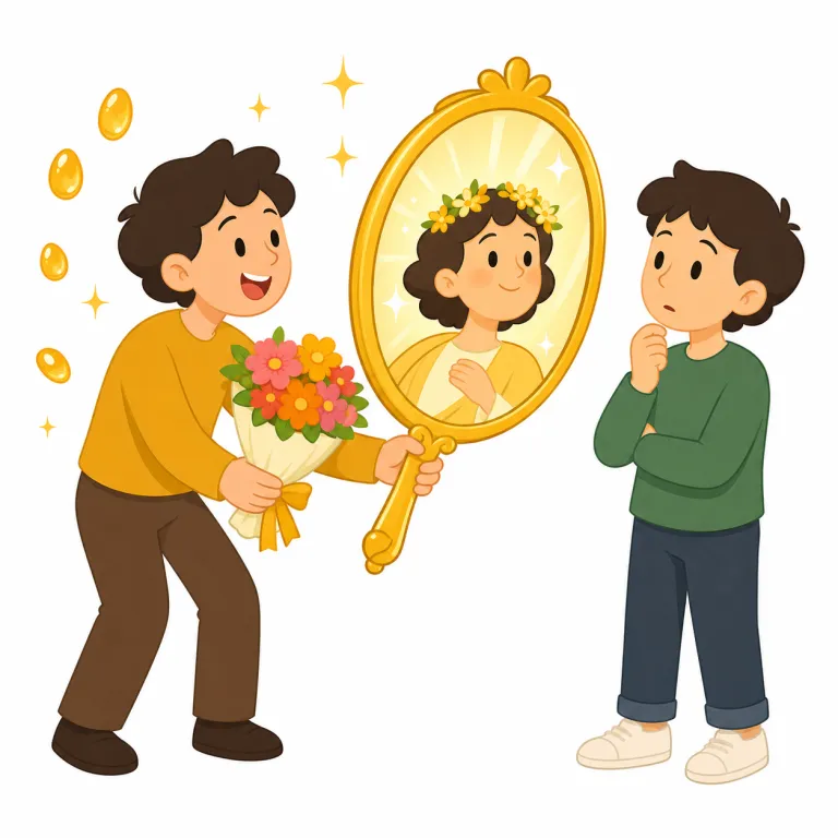flattery（お世辞・名詞）の覚え方イラスト — flatter（持ち上げる・お世辞を言う）を知っていれば、その名詞形が flattery