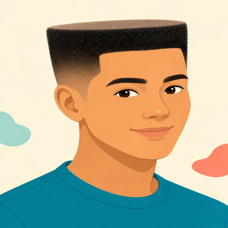 flattop（角刈り、フラットトップ・名詞）の覚え方イラスト — flat「平らな」+ top「上」と考えましょう