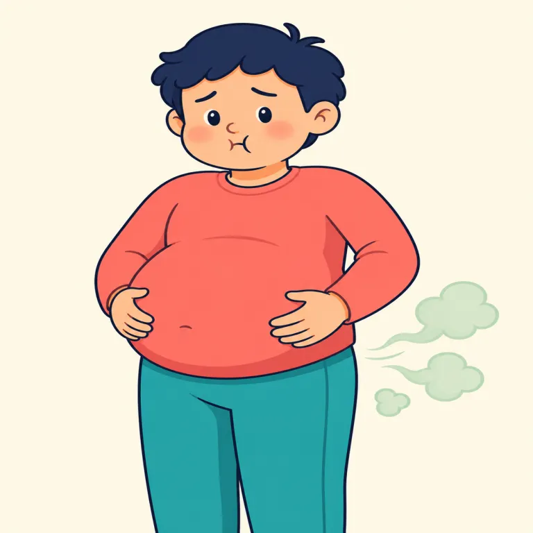 flatulent（腹にガスがたまった・形容詞）の覚え方イラスト — flatulent は名詞 flatulence「腸内ガス、おなら」と結びつけると覚えやすい語です