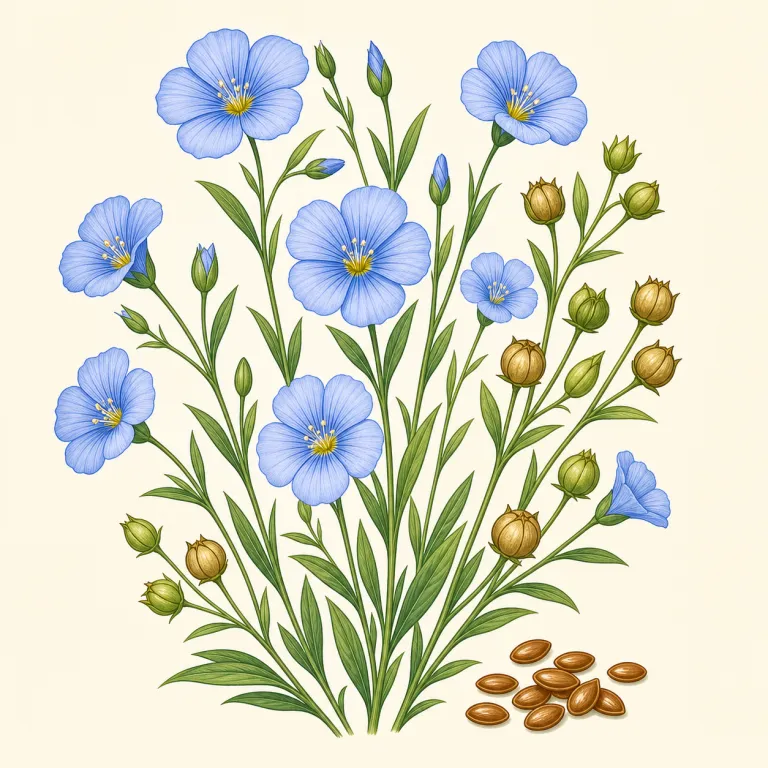flax（亜麻・名詞）の覚え方イラスト — flax は植物の「亜麻」、その茎から取れる繊維が linen（リネン）になる