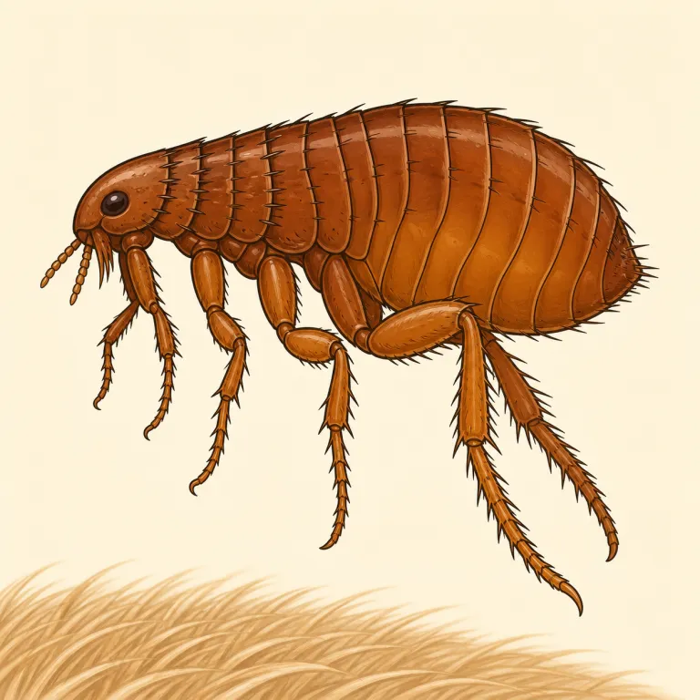 flea（ノミ・名詞）の覚え方イラスト — flea は血を吸って跳ねる小さな「ノミ」