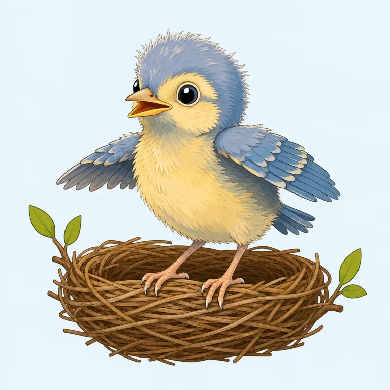 fledgling（ひな鳥・名詞）の覚え方イラスト — 語尾の -ling は duckling, gosling などと同じで「小さい・若い」の仲間だと押さえると覚えやすい