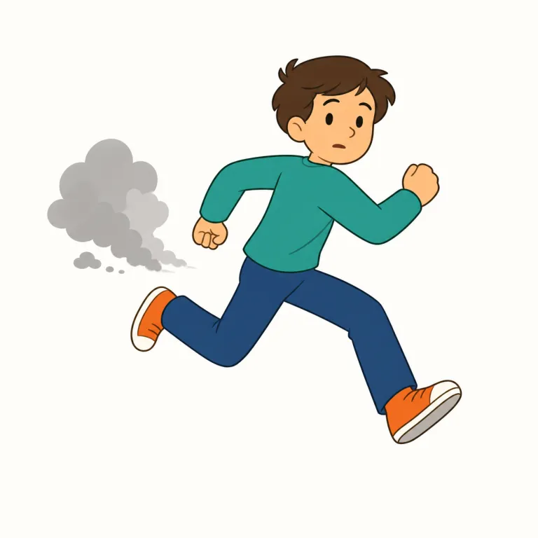 flee（逃げる・動詞）の覚え方イラスト — flee は run away よりも、危険や恐怖を感じて「とっさに逃げ出す」感じが強い語