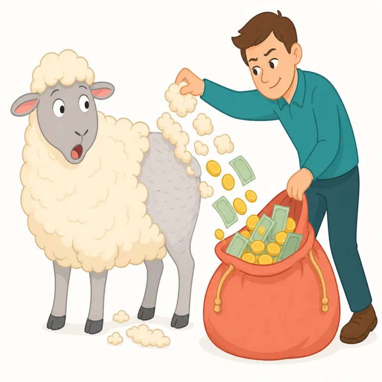fleecing（毛をむしる／（比喩的に）詐欺的に金をむしり取る・動詞）の覚え方イラスト — fleece を知っていれば覚えやすい語