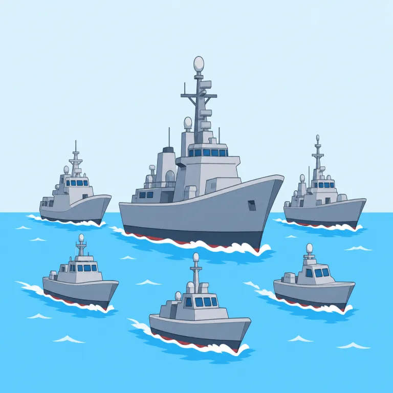 fleet（艦隊・名詞）の覚え方イラスト — fleet は a fleet of ships「船の一団」というまとまりで覚えると分かりやすい語です