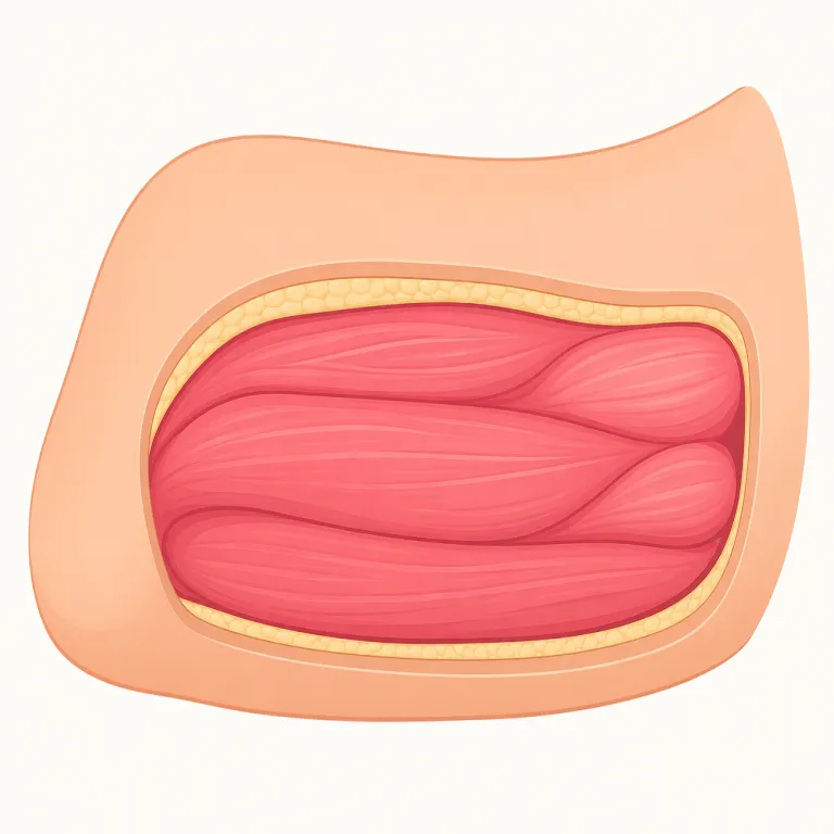 flesh（肉・名詞）の覚え方イラスト — この「肉」の flesh は、肌そのものではなく、骨や皮の内側にあるやわらかい部分を指す語として覚えます