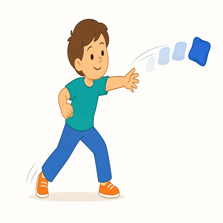 fling（投げ飛ばす・動詞）の覚え方イラスト — throw が広く中立的な「投げる」なら、fling は力や感情が先に出る「ばっと投げる」