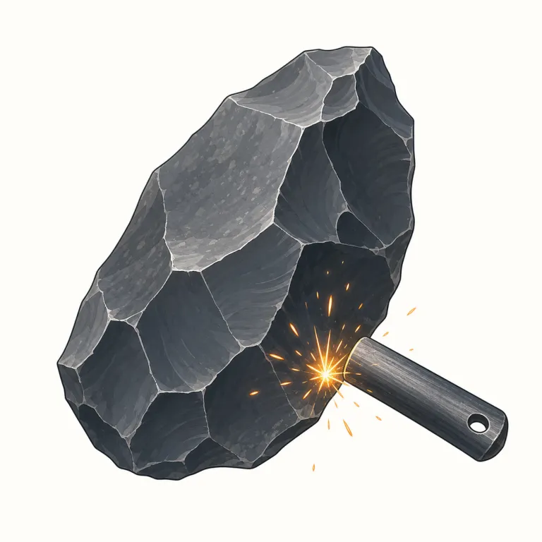 flint（火打ち石・名詞）の覚え方イラスト — flint は stone や rock の仲間として覚えつつ、「ただの石ではなく、steel と打ち合わせると spark が出る特別な硬い石」と場面ごと覚えると残りやすいです