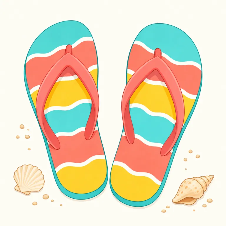 flip-flop（ビーチサンダル・名詞）の覚え方イラスト — flip は「ひっくり返す」、flop は「ばたっと倒れる」