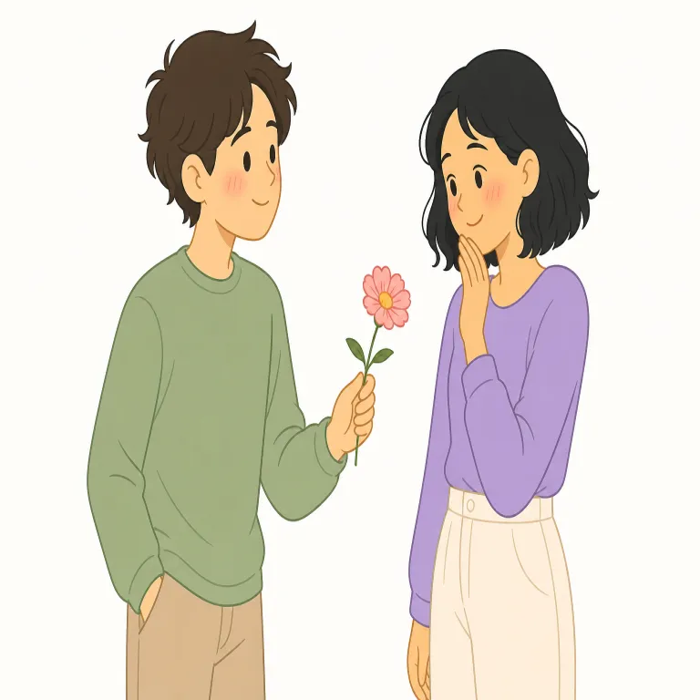 flirtation（いちゃつき、軽い恋の駆け引き・名詞）の覚え方イラスト — flirtation はまず動詞 flirt を知っておくと覚えやすい