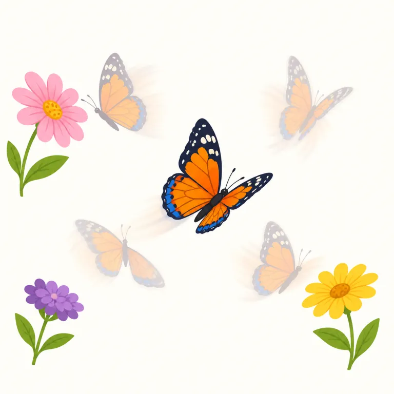 flit（ひらひら飛ぶ・動詞）の覚え方イラスト — flit は fly の「飛ぶ」を土台にしつつ、もっと小さく、軽く、すばやく場所を移す感じで覚えると残りやすい語
