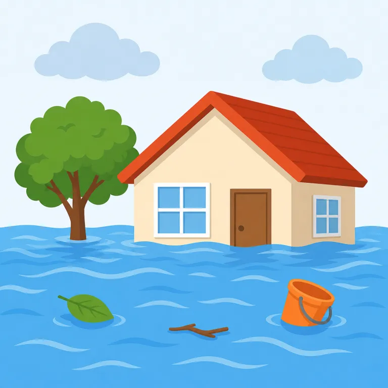 flood（洪水・名詞）の覚え方イラスト — まず water が flood a town のように「水が一気に広がってのみ込む」基本像を持つと覚えると、人や物にも自然に広がります