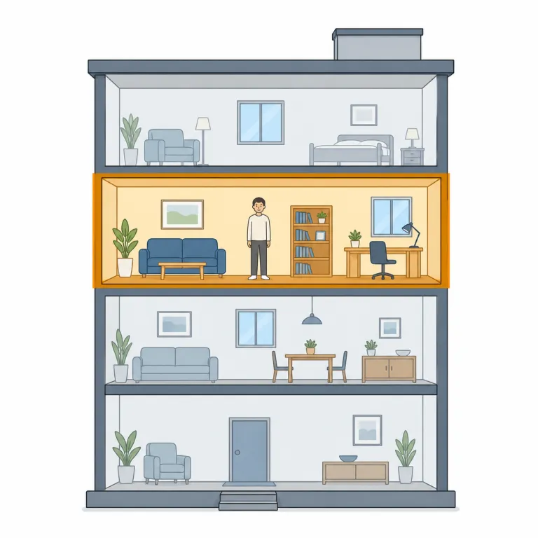 floor（床・名詞）の覚え方イラスト — floor を「床」として覚えるときは、部屋の中で足が触れる平らな下の面を思い浮かべると安定します