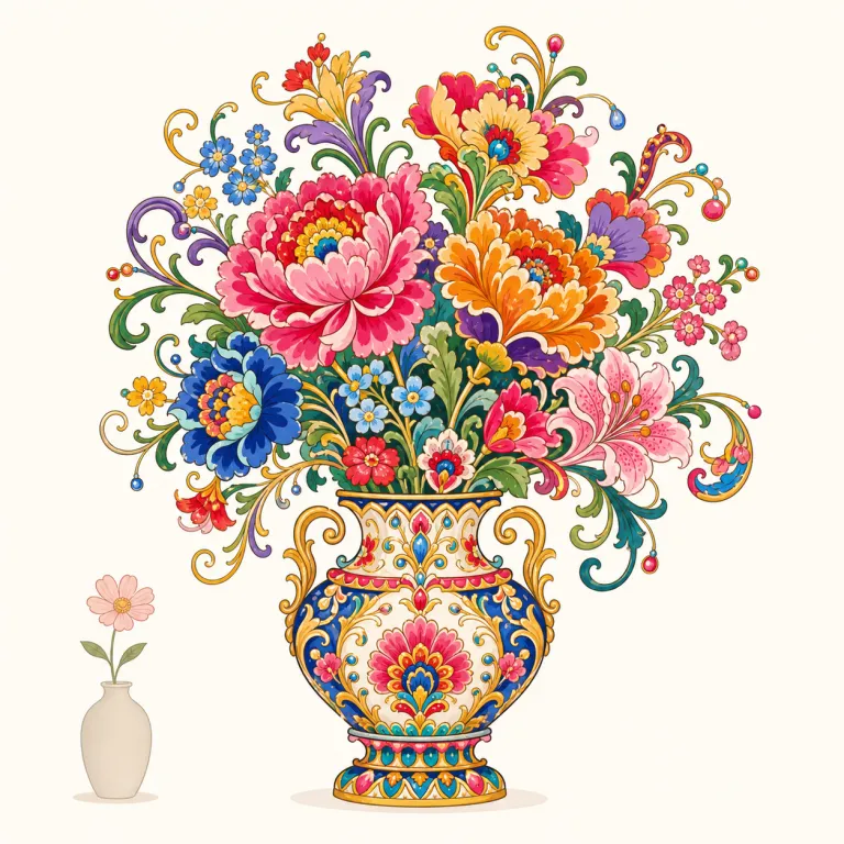 florid（華やかな・形容詞）の覚え方イラスト — floral（花の）を知っていると連想しやすく、florid は「花を飾りすぎた感じ」→ ただ華やかできれいなのではなく、やや“盛りすぎ・装飾過多”のニュアンスを持つ語