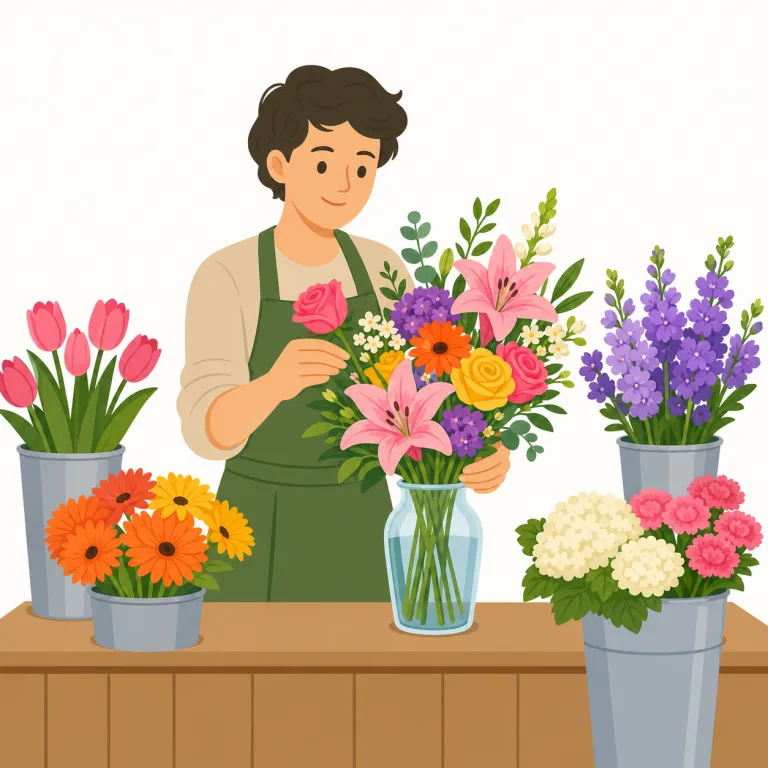 florist（花屋・名詞）の覚え方イラスト — flower そのものではなく、floral「花の」、flora「植物相」と同じ flor- の仲間だとまとめて覚えると残りやすい語