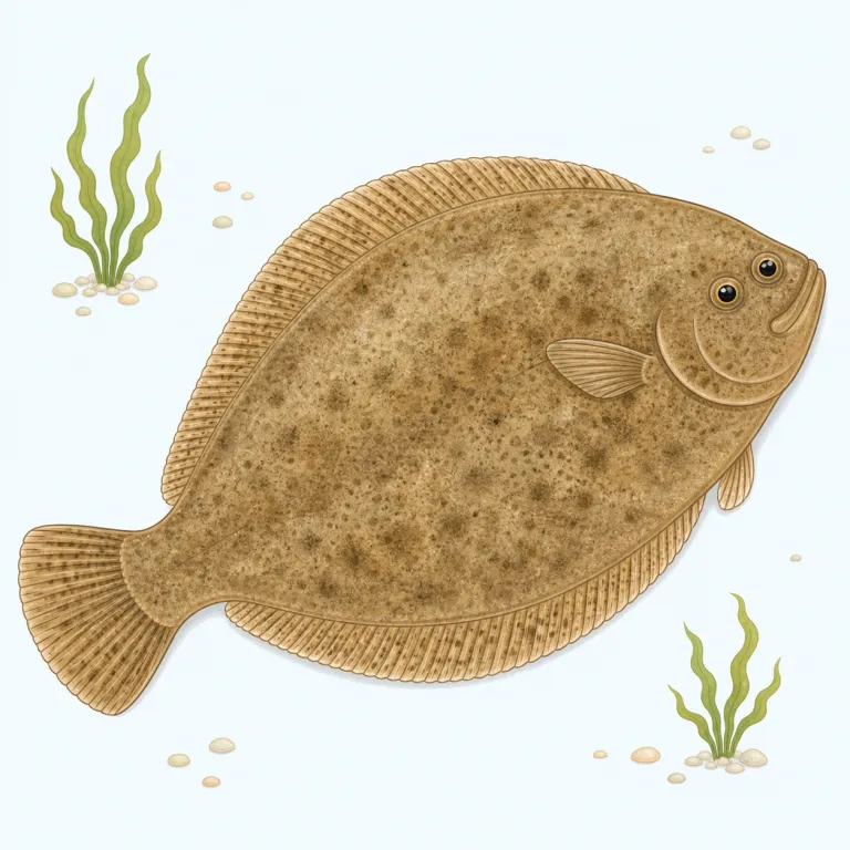 flounder（カレイ・名詞）の覚え方イラスト — flounder は、皿の上の白身魚や魚屋の平たい魚を思い浮かべて「カレイ」と結びつけます