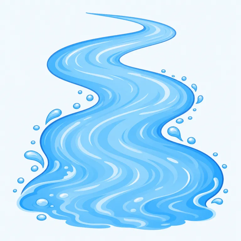 flow（流れる・動詞）の覚え方イラスト — 動詞の flow は「線のようにつながって進んでいく」と考えると覚えやすいです