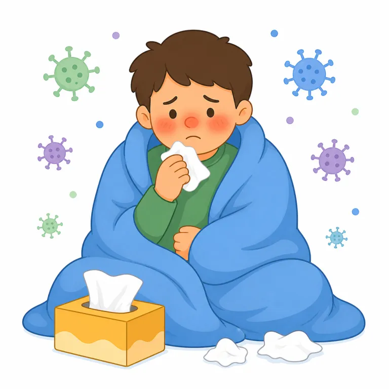 flu（インフルエンザ・名詞）の覚え方イラスト — flu は influenza の略語だとまず押さえると、見た瞬間に「病名の短縮」と判断しやすい