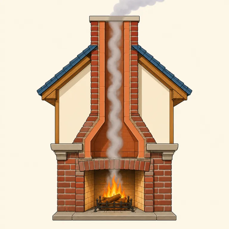 flue（煙道・名詞）の覚え方イラスト — flue は暖炉や炉の煙を外へ導く「煙道」