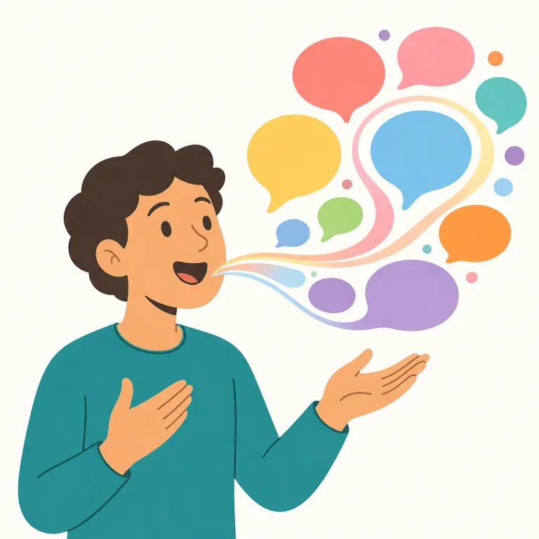 fluency（流暢さ・名詞）の覚え方イラスト — ここでの fluency は「言語をよどみなく使える力」として覚えるとよいです