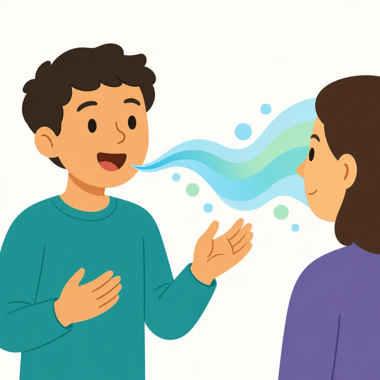 fluent（すらすら話せる・形容詞）の覚え方イラスト — statically は static「動かない、固定された」に副詞を作る -ally が付いた形です