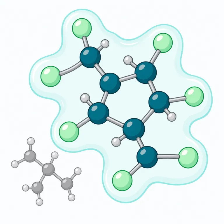 fluorinated（フッ素化された・形容詞）の覚え方イラスト — fluorine（フッ素）を知っていれば、fluorinated は「フッ素が入った・付いた状態」と捉えやすいです