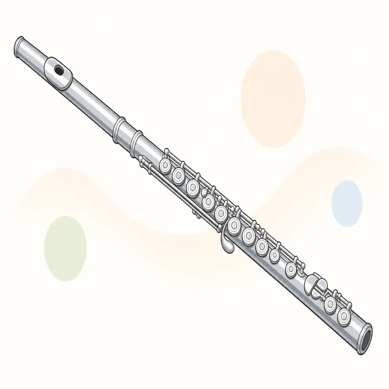 flute（フルート・名詞）の覚え方イラスト — flute は「音楽室で横に構え、息をまっすぐ吹き込んで澄んだ高音を出す楽器」という場面ごと覚えると定着しやすいです
