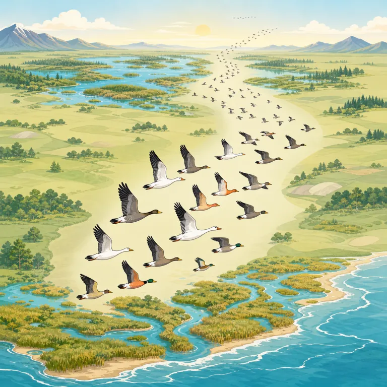 flyway（渡り鳥の飛行路・名詞）の覚え方イラスト — fly と way が見えれば「飛ぶための道」