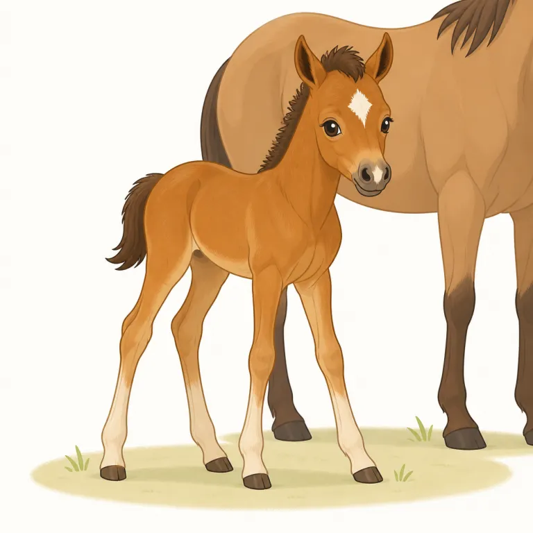 foal（子馬・名詞）の覚え方イラスト — horse は動物全体の名で、foal はその「赤ちゃん時代」だけを切り取る語だと覚えると残りやすいです