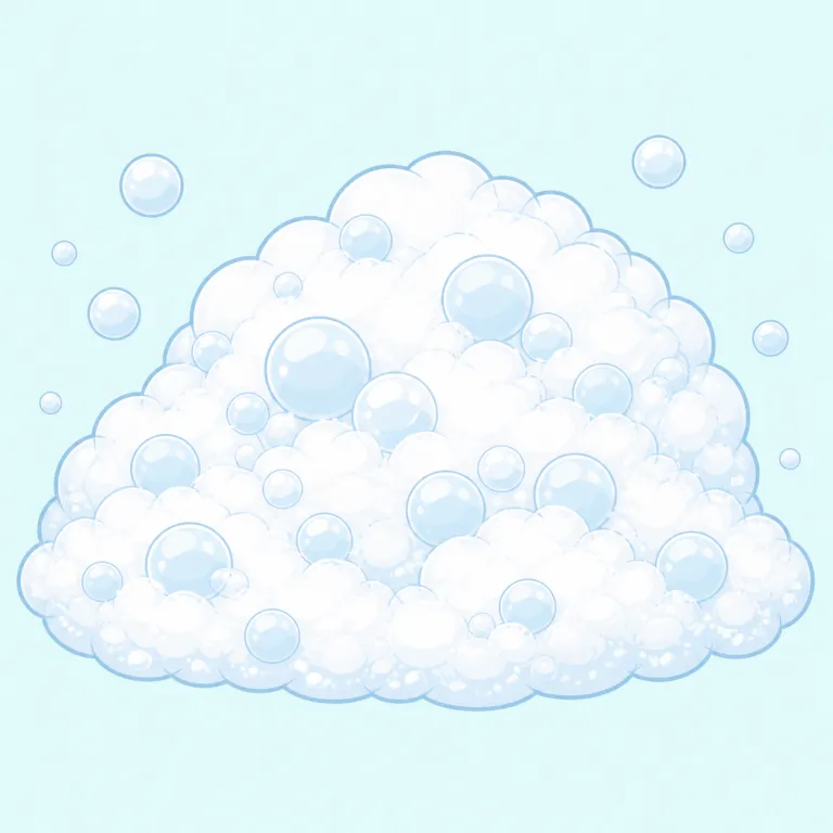 foam（泡・名詞）の覚え方イラスト — bubble が「泡1つ1つ」なのに対し、foam は細かい泡が集まって表面をふわっと覆うイメージで覚えると定着しやすい