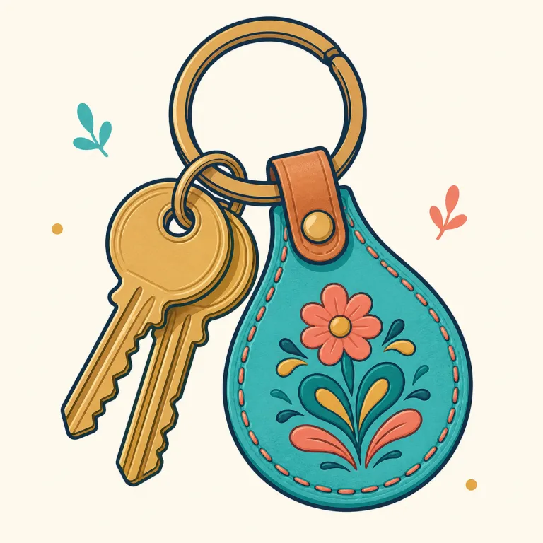 fob（キーフォブ・名詞）の覚え方イラスト — 名詞 fob は、鍵に付ける小さな札や器具を指し、key fob の形が定番