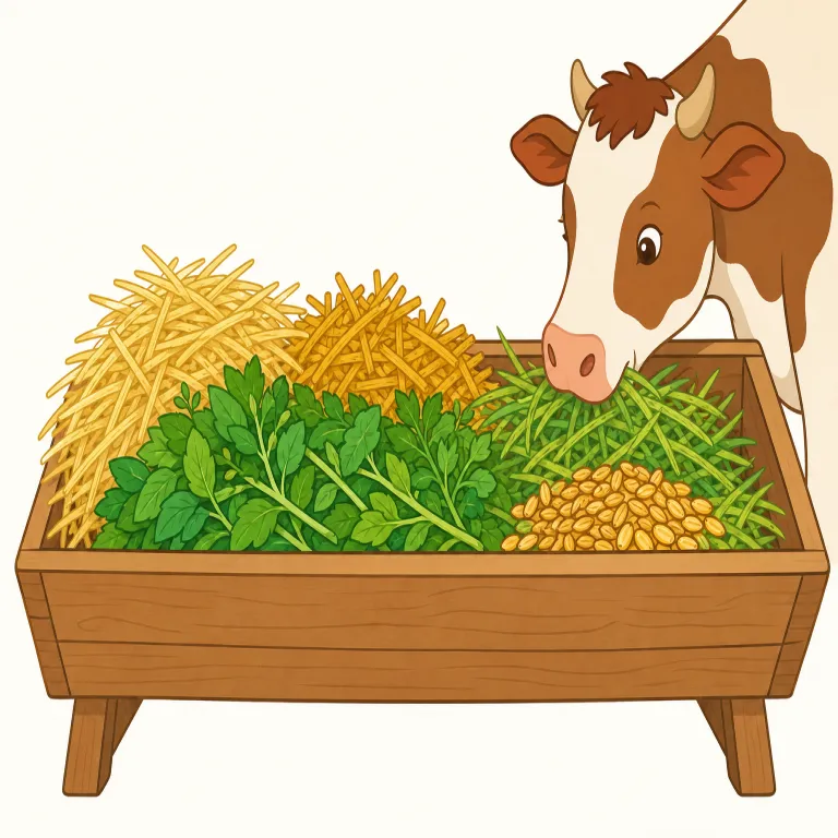 fodder（飼料・名詞）の覚え方イラスト — fodder は food や feed を知っていると覚えやすい語で、「食べ物」の中でも人ではなく家畜に与えるえさへ意味がしぼられた単語だと整理すると定着します