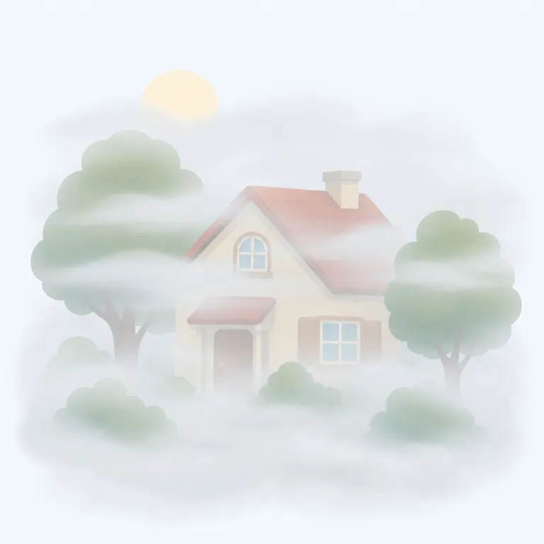fogged（曇った・形容詞）の覚え方イラスト — このエントリの fogged は、霧に包まれたという基本義とは別に、表面や視界、頭の中が「曇って見えにくい」状態を表します