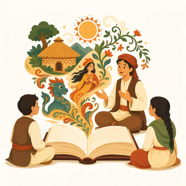folkloric（民間伝承の・形容詞）の覚え方イラスト — folkloric は folklore「民間伝承」に -ic「〜に関する」が付いた形です
