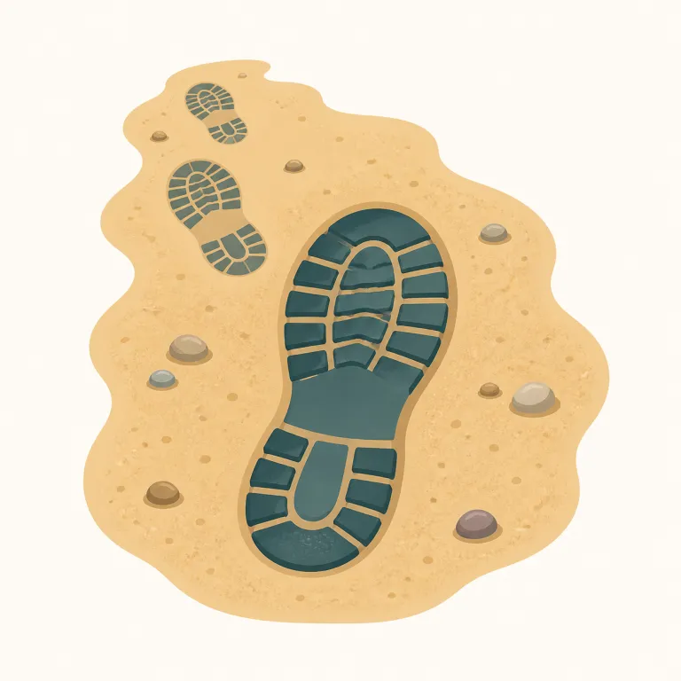 footstep（足音・名詞）の覚え方イラスト — この意味の footstep は、foot「足」+ step「一歩」から「歩くたびに出る音」を表す用法です