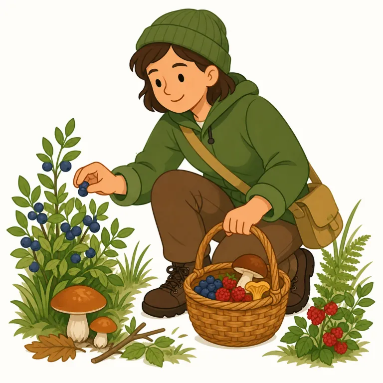 forager（採集者・名詞）の覚え方イラスト — forage を知っていれば、forager はそのまま「食べ物を探して集める人」
