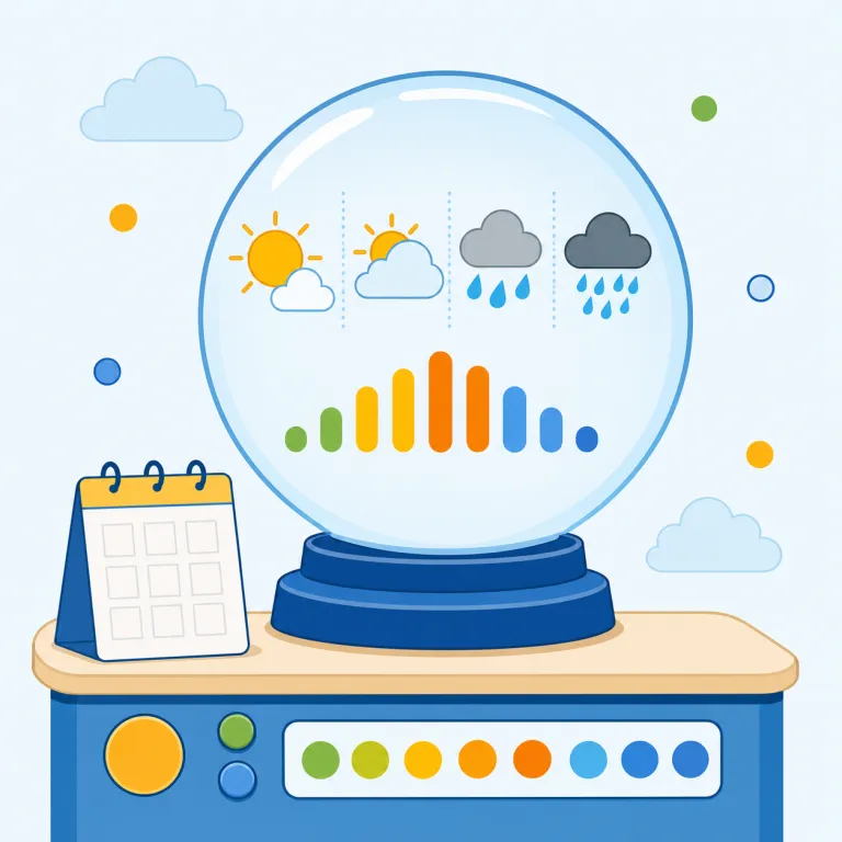 forecast（予測・名詞）の覚え方イラスト — 名詞では、誰かが未来を読む行為ではなく、紙面・画面・レポートに載った「予測結果」を思い浮かべると区別しやすいです