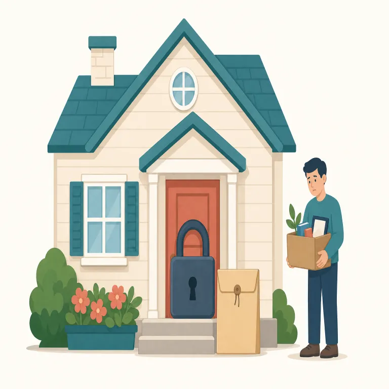 foreclose（差し押さえる・動詞）の覚え方イラスト — `close` が「閉じる」なので、`foreclose` は「相手の選択肢や権利を先に閉ざしてしまう」と押さえると残りやすいです