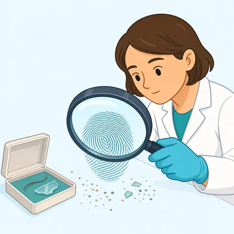 forensics（科学捜査・名詞）の覚え方イラスト — forensics は「法廷」を背景に持つ語で、科学的な証拠を裁判や捜査に生かす分野と覚えます